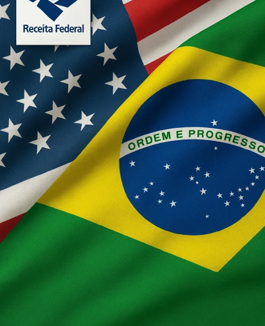 Bandeiras do Brasil e dos Estados Unidos simbolizando a obrigação fiscal de brasileiros que vivem no exterior declararem o IRPF 2025 ou formalizarem sua saída definitiva até 30 de maio. Alerta oficial da Receita Federal.